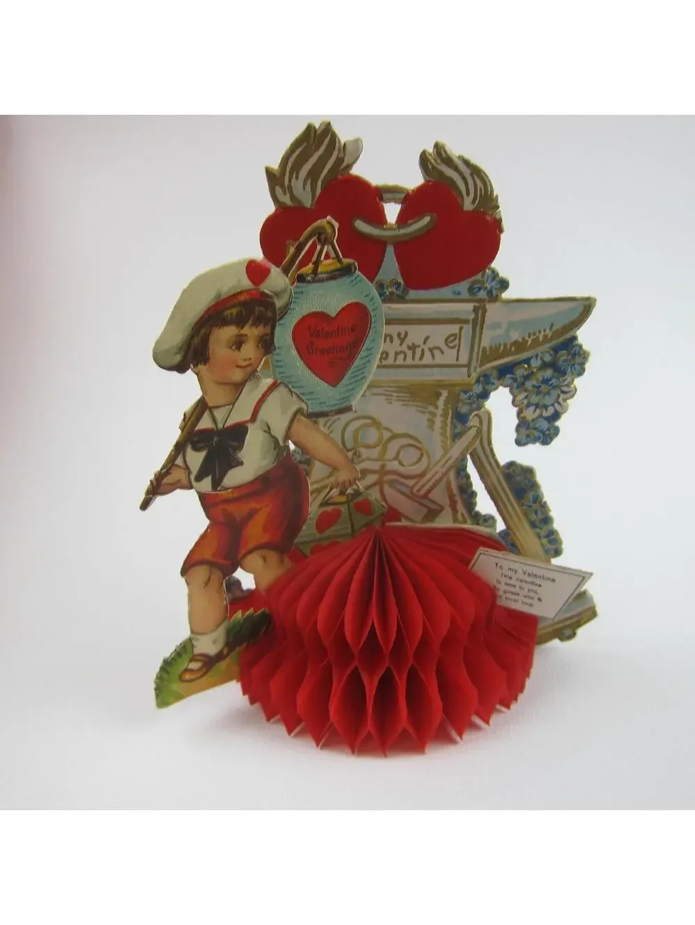 Antique Valentine Honeycomb 3D Pop Up Die cut Boy Sailor Suit Lantern & Tools